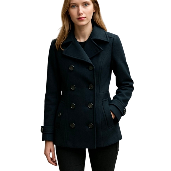 Miss Sixty Navy pea wool coat.  button details wool blend classic chic Warm sz S - Picture 1 of 15